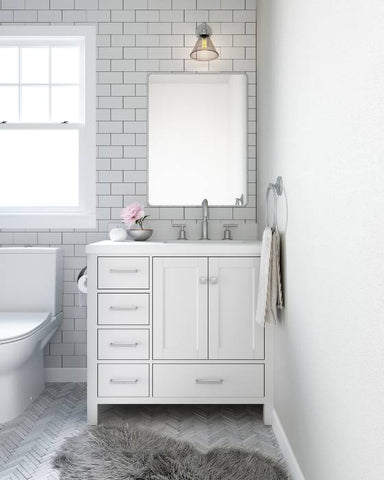 Image of Ariel Cambridge White Transitional 37" Right Offset Rectangle Sink Vanity w/ White Quartz Countertop | A037SRWQOVOWHT