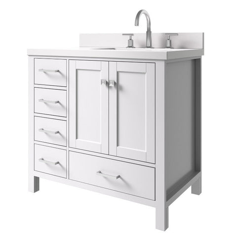 Image of Ariel Cambridge White Transitional 37" Right Offset Rectangle Sink Vanity w/ White Quartz Countertop | A037SRWQRVOWHT