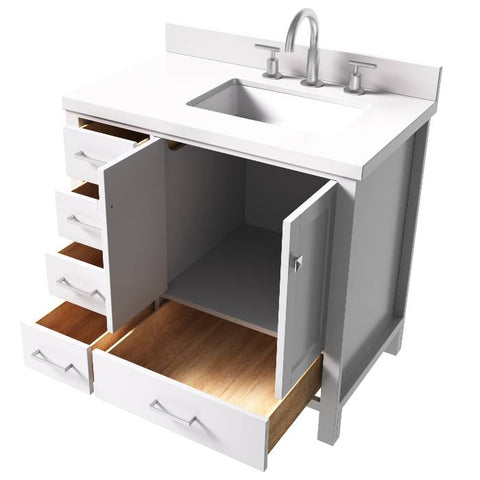 Image of Ariel Cambridge White Transitional 37" Right Offset Rectangle Sink Vanity w/ White Quartz Countertop | A037SRWQRVOWHT