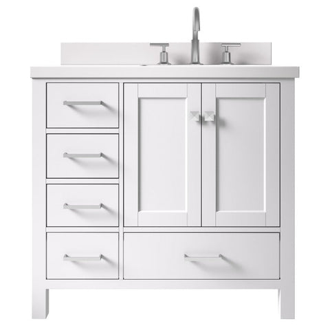 Image of Ariel Cambridge White Transitional 37" Right Offset Rectangle Sink Vanity w/ White Quartz Countertop | A037SRWQRVOWHT