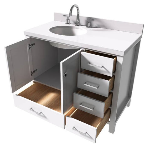 Image of Ariel Cambridge White Transitional 43" Left Offset Oval Sink Vanity w/ White Quartz Countertop | A043SLWQOVOWHT A043SLWQOVOWHT