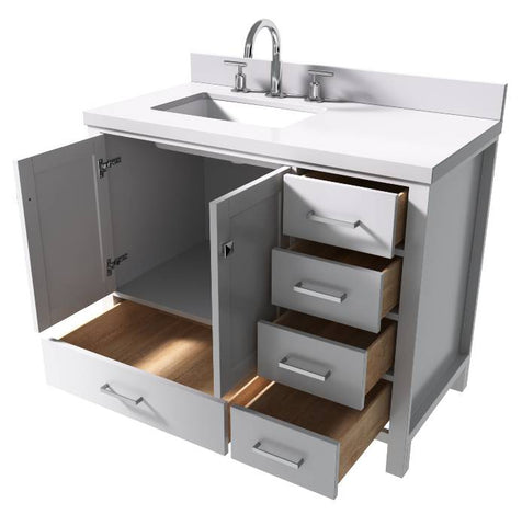 Image of Ariel Cambridge White Transitional 43" Left Offset Rectangle Sink Vanity w/ White Quartz Countertop | A043SLWQRVOWHT