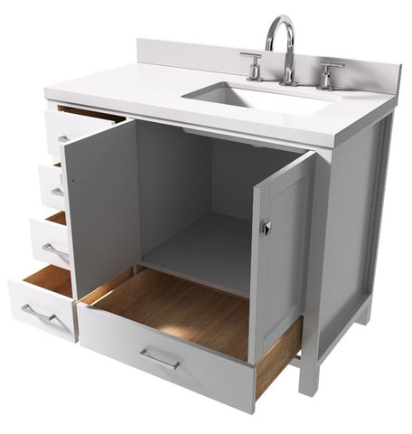 Image of Ariel Cambridge White Transitional 43" Right Offset Rectangle Sink Vanity w/ White Quartz Countertop | A043SRWQRVOWHT A043SRWQRVOWHT