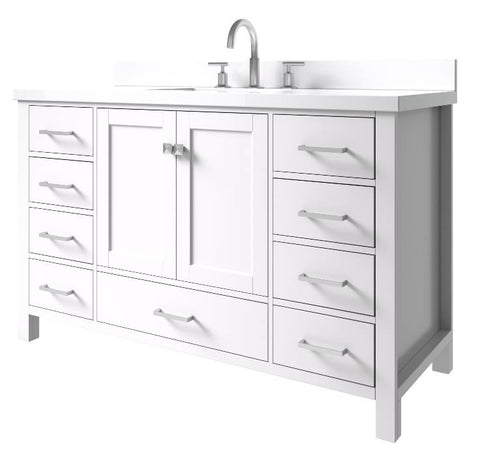 Image of Ariel Cambridge White Transitional 55" Rectangle Sink Vanity w/ White Quartz Countertop | A055SWQRVOWHT A055SWQRVOWHT