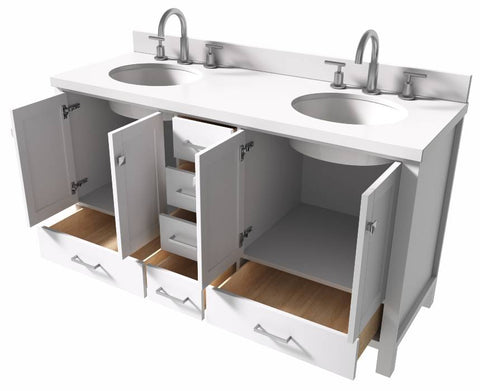 Image of Ariel Cambridge White Transitional 61" Double Oval Sink Vanity w/ White Quartz Countertop | A061DWQOVOWHT