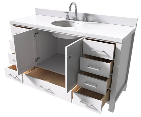 Image of Ariel Cambridge White Transitional 61" Oval Sink Vanity w/ White Quartz Countertop | A061SWQOVOWHT