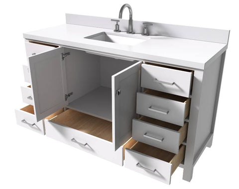Image of Ariel Cambridge White Transitional 61" Rectangle Sink Vanity w/ White Quartz Countertop | A061SWQRVOWHT A061SWQRVOWHT