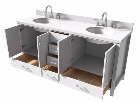 Image of Ariel Cambridge White Transitional 73" Double Oval Sink Vanity w/ White Quartz Countertop | A073DWQOVOWHT A073DWQOVOWHT