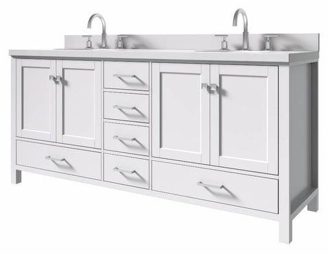 Image of Ariel Cambridge White Transitional 73" Double Oval Sink Vanity w/ White Quartz Countertop | A073DWQOVOWHT A073DWQOVOWHT