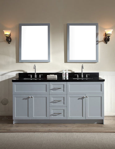Image of Ariel Hamlet 73" Double Sink Vanity Set with Absolute Black Granite Countertop in Grey F073D-AB-GRY
