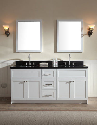 Image of Ariel Hamlet 73" Double Sink Vanity Set with Absolute Black Granite Countertop in White F073D-AB-WHT