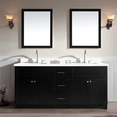 Image of Ariel Hamlet 73" Double Sink Vanity Set with White Quartz Countertop in Black F073D-WQ-BLK