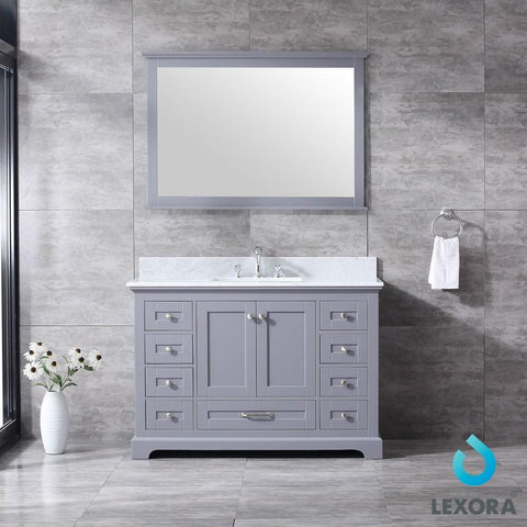 Image of Dukes 48" Dark Grey Single Vanity | White Carrara Marble Top | White Square Sink and 46" Mirror