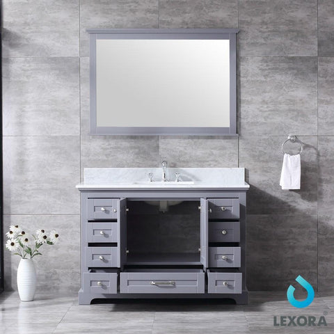Image of Dukes 48" Dark Grey Single Vanity | White Carrara Marble Top | White Square Sink and 46" Mirror