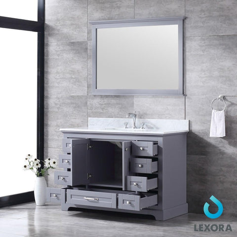Image of Dukes 48" Dark Grey Single Vanity | White Carrara Marble Top | White Square Sink and 46" Mirror