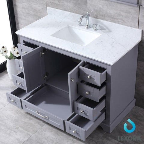 Image of Dukes 48" Dark Grey Single Vanity | White Carrara Marble Top | White Square Sink and 46" Mirror
