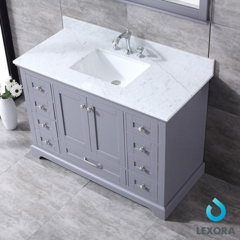 Image of Dukes 48" Dark Grey Single Vanity | White Carrara Marble Top | White Square Sink and 46" Mirror