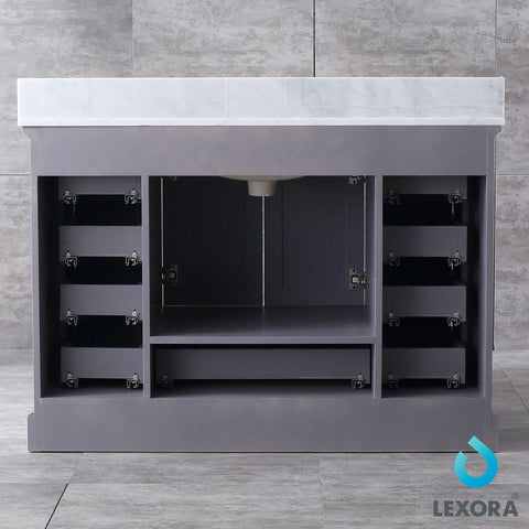 Image of Dukes 48" Dark Grey Single Vanity | White Carrara Marble Top | White Square Sink and 46" Mirror