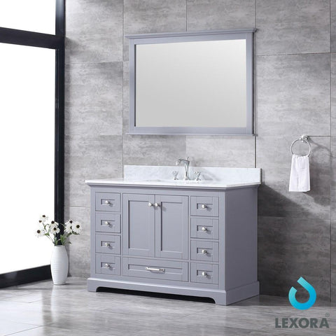 Image of Dukes 48" Dark Grey Single Vanity | White Carrara Marble Top | White Square Sink and 46" Mirror