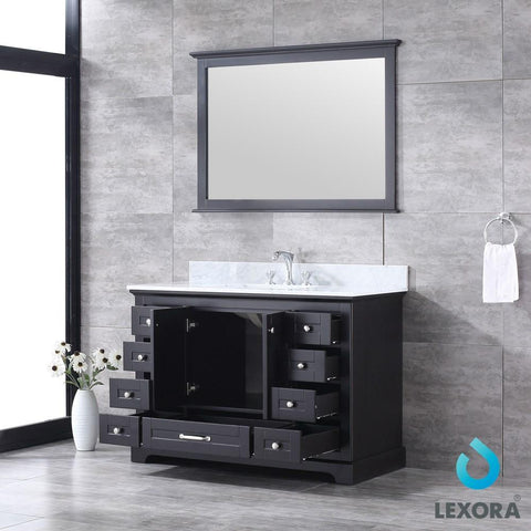 Image of Dukes 48" Espresso Single Vanity | White Carrara Marble Top | White Square Sink and 46" Mirror