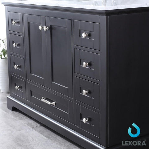 Image of Dukes 48" Espresso Single Vanity | White Carrara Marble Top | White Square Sink and 46" Mirror