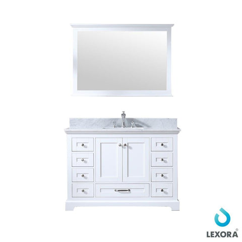 Image of Dukes 48" White Single Vanity | White Carrara Marble Top | White Square Sink and 46" Mirror
