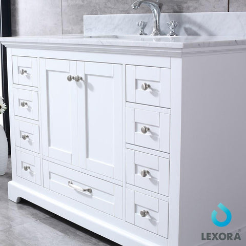 Image of Dukes 48" White Single Vanity | White Carrara Marble Top | White Square Sink and 46" Mirror