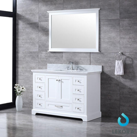 Image of Dukes 48" White Single Vanity | White Carrara Marble Top | White Square Sink and 46" Mirror