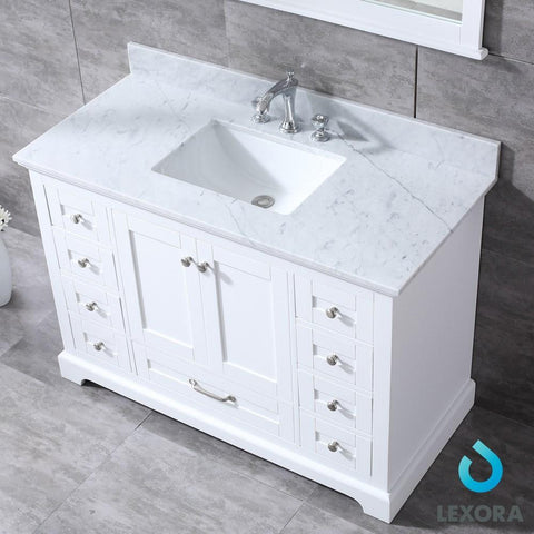 Image of Dukes 48" White Single Vanity | White Carrara Marble Top | White Square Sink and 46" Mirror