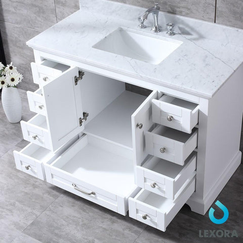 Image of Dukes 48" White Single Vanity | White Carrara Marble Top | White Square Sink and 46" Mirror