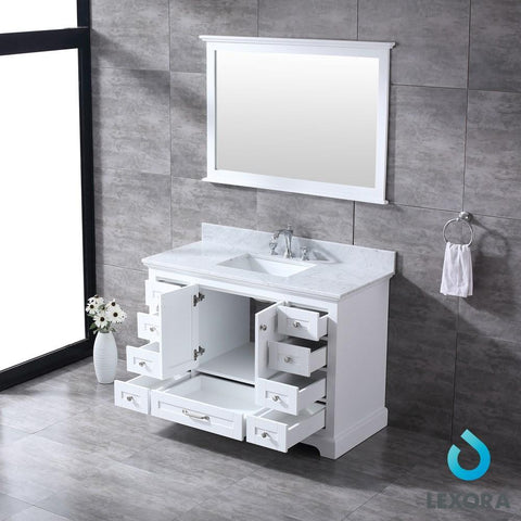Image of Dukes 48" White Single Vanity | White Carrara Marble Top | White Square Sink and 46" Mirror