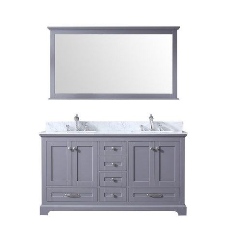 Image of Dukes 60" Dark Grey Double Vanity | White Carrara Marble Top | White Square Sinks and 58" Mirror