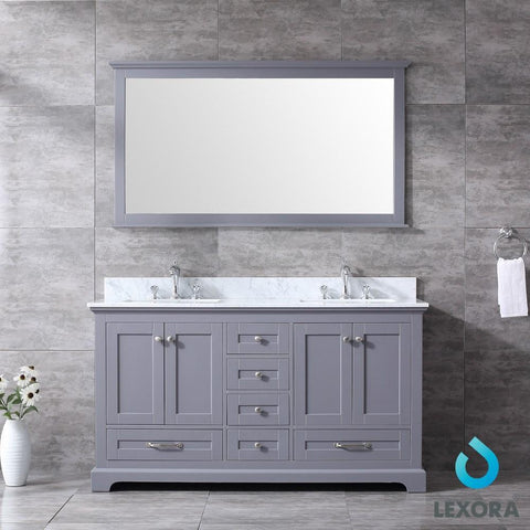 Image of Dukes 60" Dark Grey Double Vanity | White Carrara Marble Top | White Square Sinks and 58" Mirror