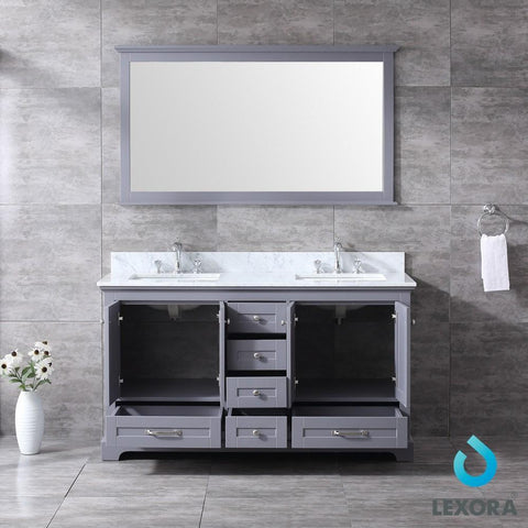 Image of Dukes 60" Dark Grey Double Vanity | White Carrara Marble Top | White Square Sinks and 58" Mirror