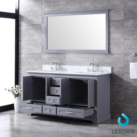 Image of Dukes 60" Dark Grey Double Vanity | White Carrara Marble Top | White Square Sinks and 58" Mirror