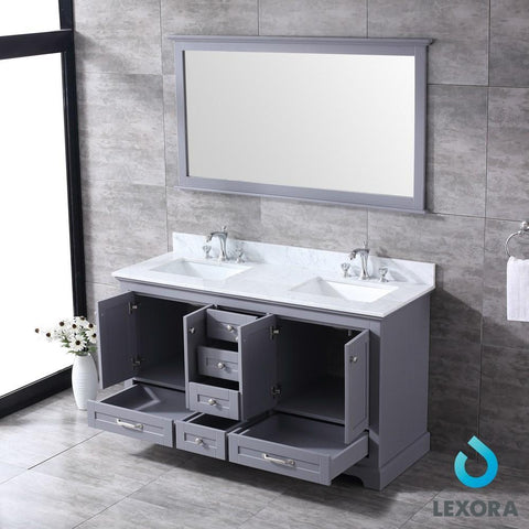 Image of Dukes 60" Dark Grey Double Vanity | White Carrara Marble Top | White Square Sinks and 58" Mirror