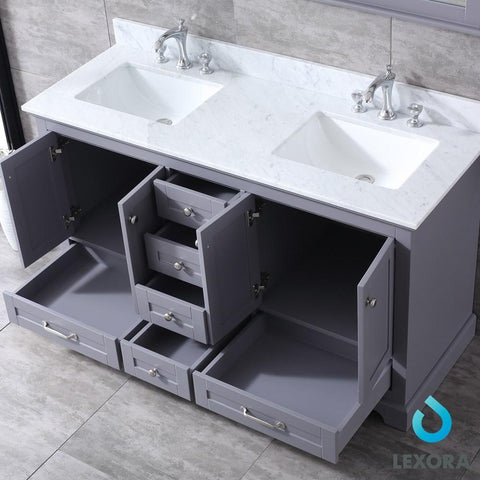 Image of Dukes 60" Dark Grey Double Vanity | White Carrara Marble Top | White Square Sinks and 58" Mirror