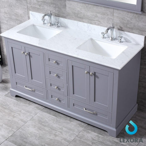 Image of Dukes 60" Dark Grey Double Vanity | White Carrara Marble Top | White Square Sinks and 58" Mirror