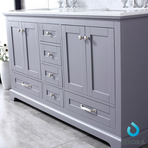 Image of Dukes 60" Dark Grey Double Vanity | White Carrara Marble Top | White Square Sinks and 58" Mirror