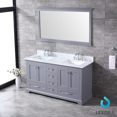 Image of Dukes 60" Dark Grey Double Vanity | White Carrara Marble Top | White Square Sinks and 58" Mirror