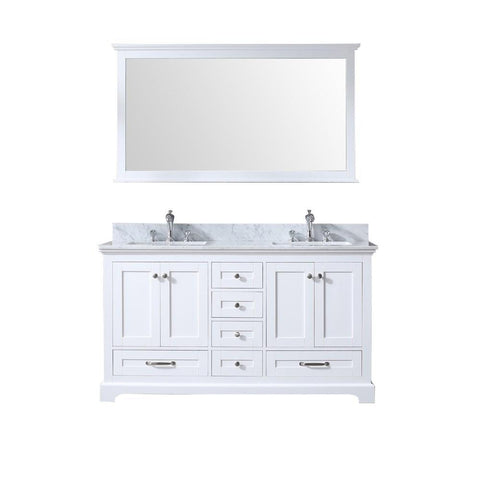 Image of Dukes 60" White Double Vanity | White Carrara Marble Top | White Square Sinks and 58" Mirror