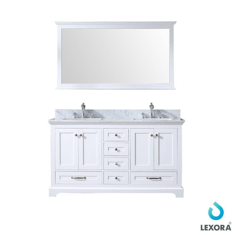 Image of Dukes 60" White Double Vanity | White Carrara Marble Top | White Square Sinks and 58" Mirror