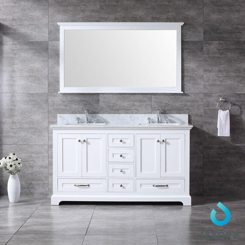Image of Dukes 60" White Double Vanity | White Carrara Marble Top | White Square Sinks and 58" Mirror