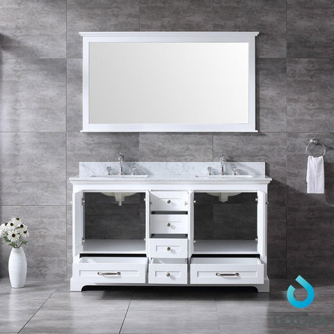 Image of Dukes 60" White Double Vanity | White Carrara Marble Top | White Square Sinks and 58" Mirror