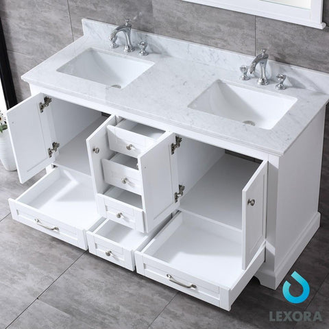 Image of Dukes 60" White Double Vanity | White Carrara Marble Top | White Square Sinks and 58" Mirror