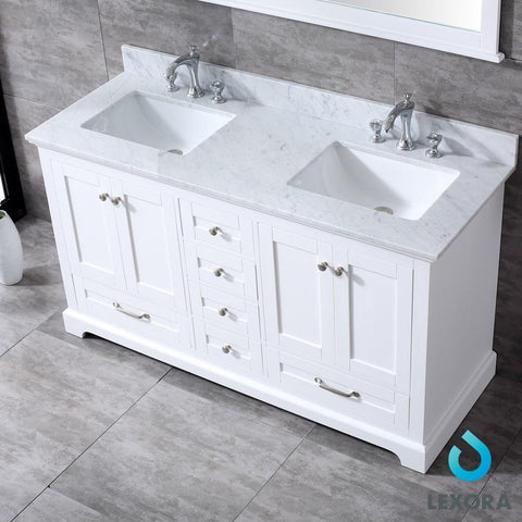 Image of Dukes 60" White Double Vanity | White Carrara Marble Top | White Square Sinks and 58" Mirror