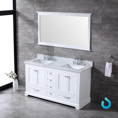 Image of Dukes 60" White Double Vanity | White Carrara Marble Top | White Square Sinks and 58" Mirror