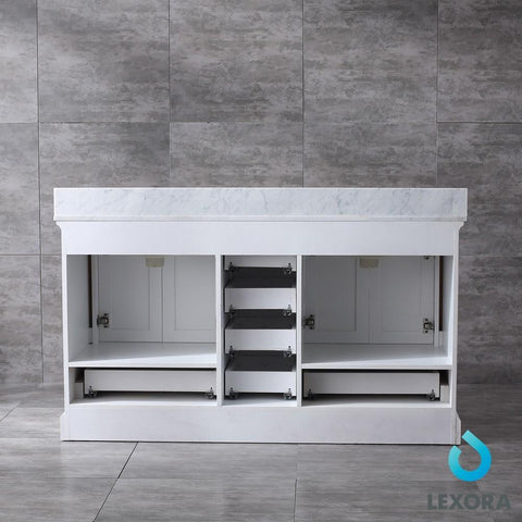 Image of Dukes 60" White Double Vanity | White Carrara Marble Top | White Square Sinks and 58" Mirror