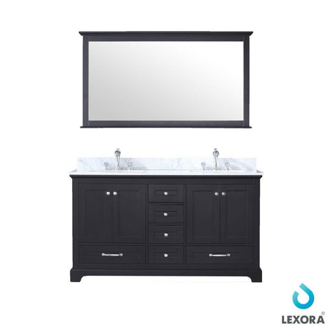 Image of Dukes 60" Espresso Double Vanity | White Carrara Marble Top | White Square Sinks and 58" Mirror