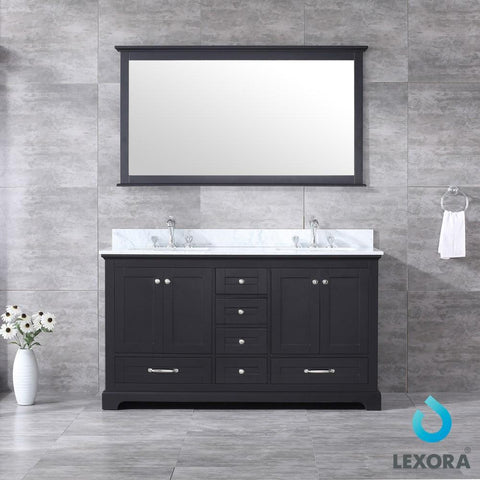 Image of Dukes 60" Espresso Double Vanity | White Carrara Marble Top | White Square Sinks and 58" Mirror